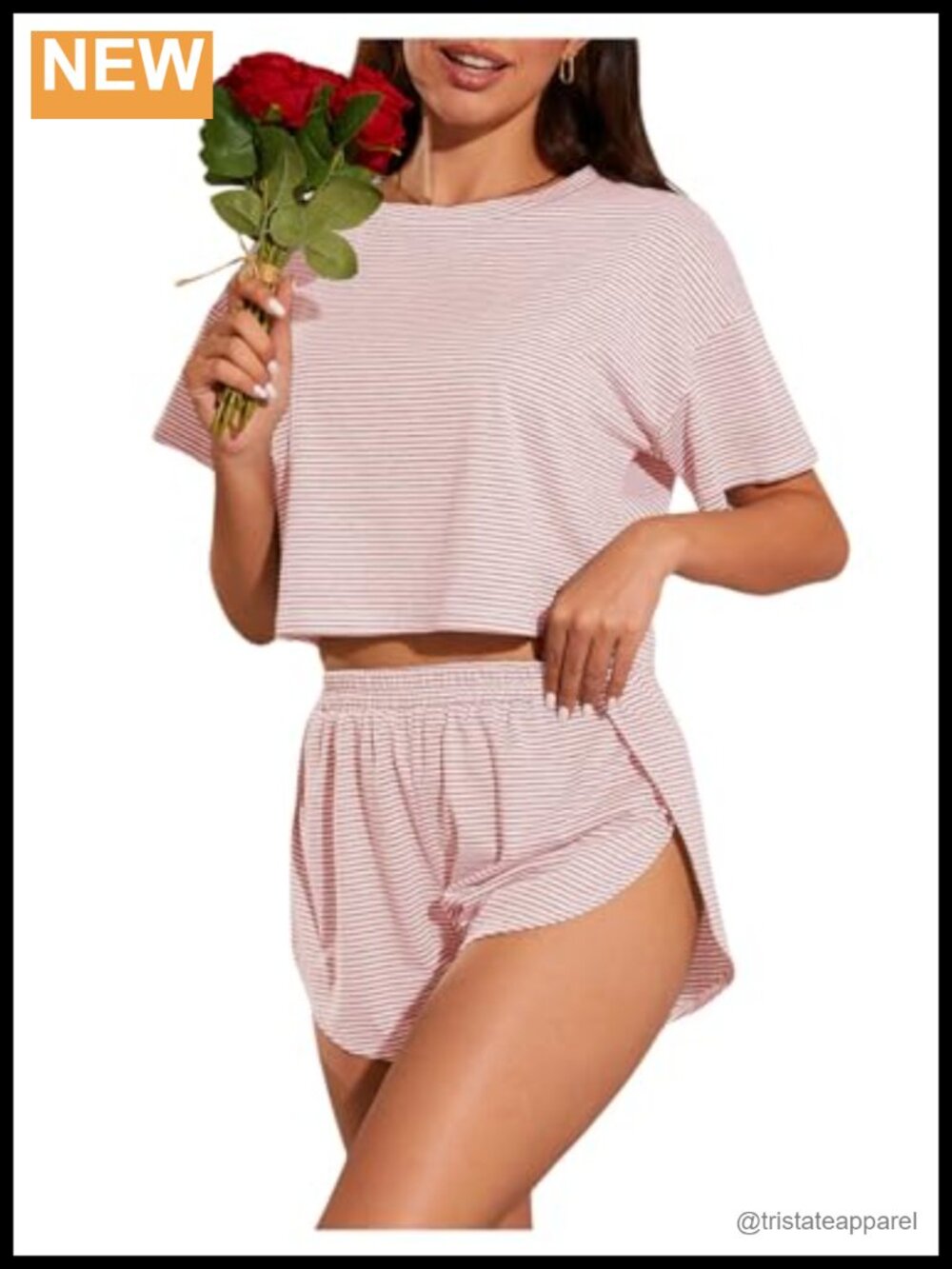 Striped Short Sleeve Pajama Set with Side Split Shorts